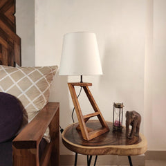 Angular Wooden Table Lamp with Brown Base and Premium White Fabric Lampshade - WoodenTwist