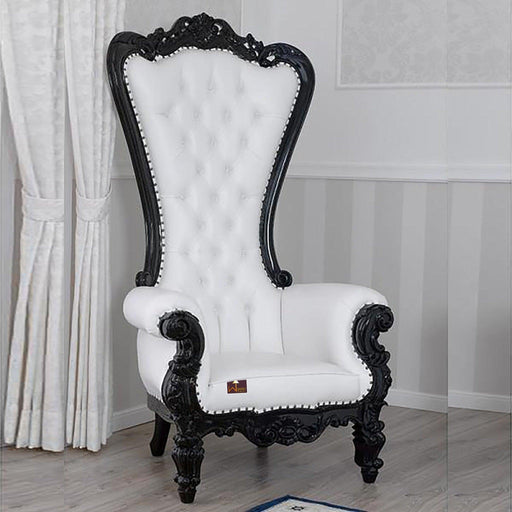 Luxurious High Back throne Silver Leaf & Buttons Chair (Black) - WoodenTwist