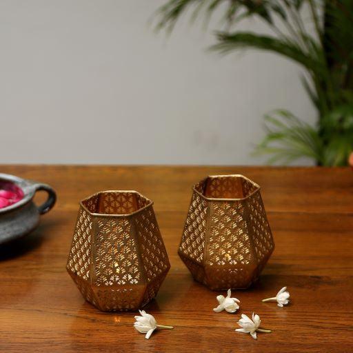 Hand etched metal Votive in an unique hexagonal shape and in Gold finish. - WoodenTwist