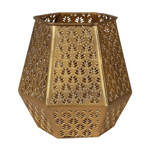 Hand etched metal Votive in an unique hexagonal shape and in Gold finish. - WoodenTwist