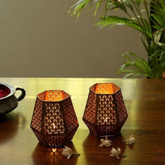 Hand etched metal Votive in an unique hexagonal shape and in Gold finish. - WoodenTwist