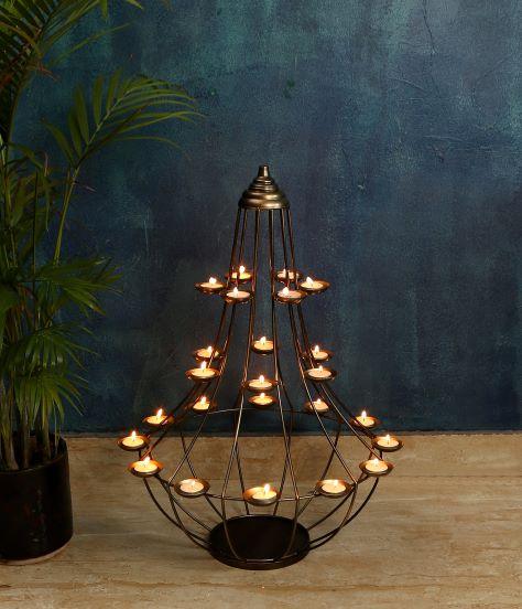 Hand crafted Floor T light stand with 24 T light holders in an unique Ektara shape . - WoodenTwist