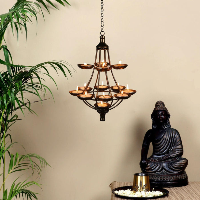 Hand crafted Hanging T light stand with 12 T light holders in an unique Ektara shape - WoodenTwist