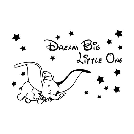 "Dream Big Little One" Cute Flying Elephant with Stars cartoon wall sticker for Baby room, - WoodenTwist