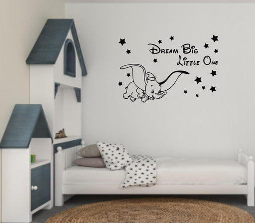 "Dream Big Little One" Cute Flying Elephant with Stars cartoon wall sticker for Baby room, - WoodenTwist