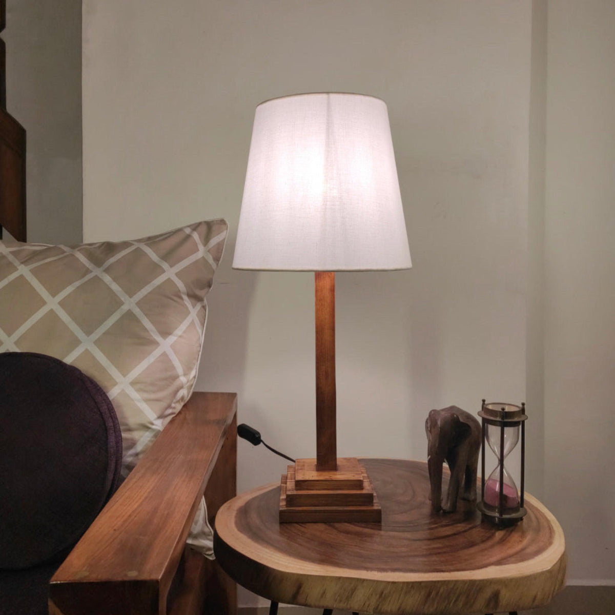 Babel Wooden Table Lamp with Brown Base and Premium White Fabric Lampshade - WoodenTwist