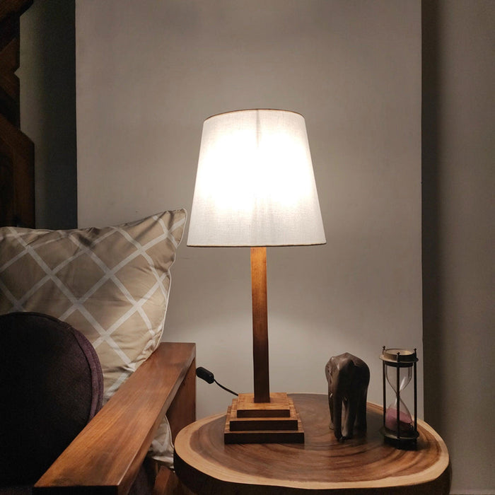 Babel Wooden Table Lamp with Brown Base and Premium White Fabric Lampshade - WoodenTwist
