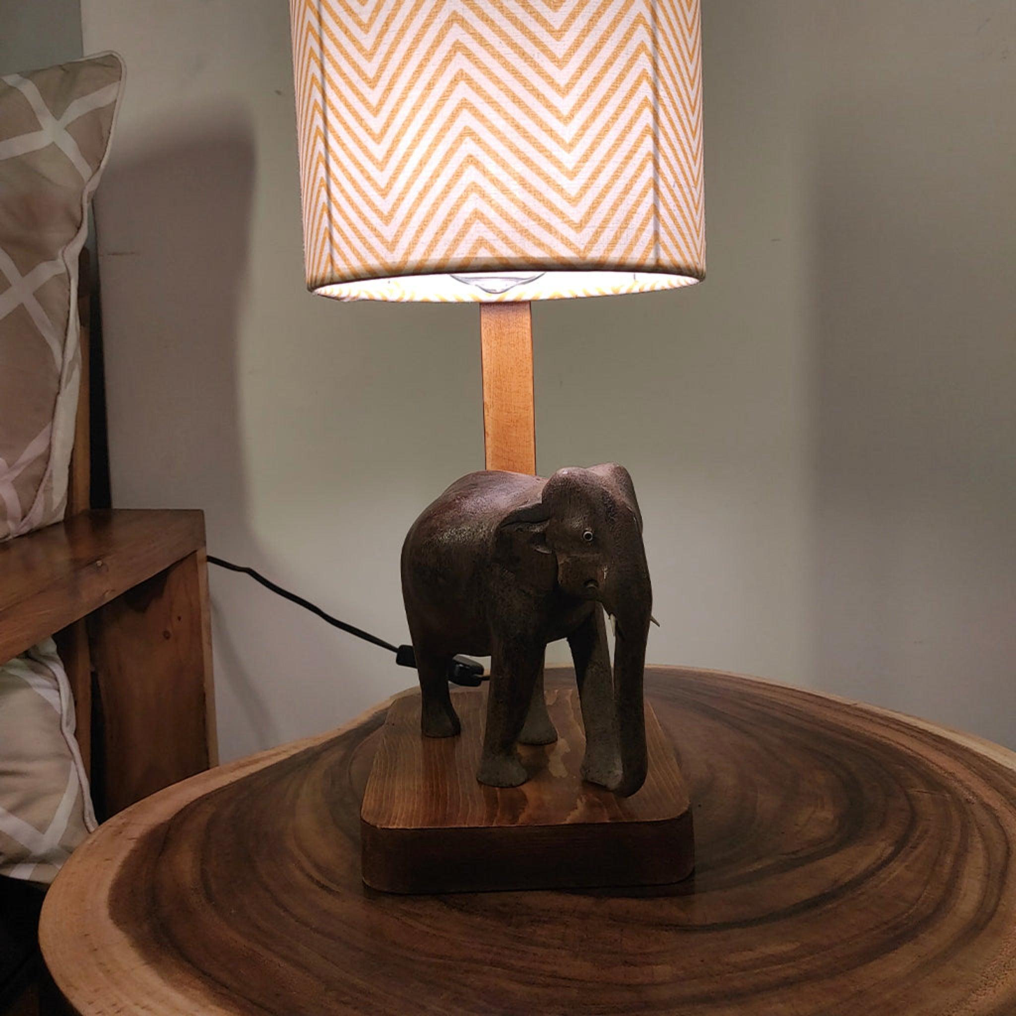 Elementary Wooden Table Lamp with Brown Base and Premium Yellow Fabric Lampshade - WoodenTwist