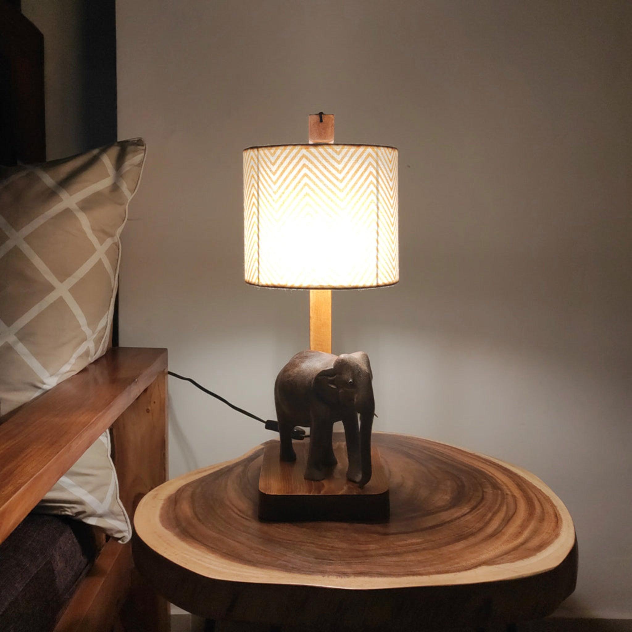 Elementary Wooden Table Lamp with Brown Base and Premium Yellow Fabric Lampshade - WoodenTwist