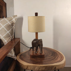 Elementary Wooden Table Lamp with Brown Base and Premium Yellow Fabric Lampshade - WoodenTwist