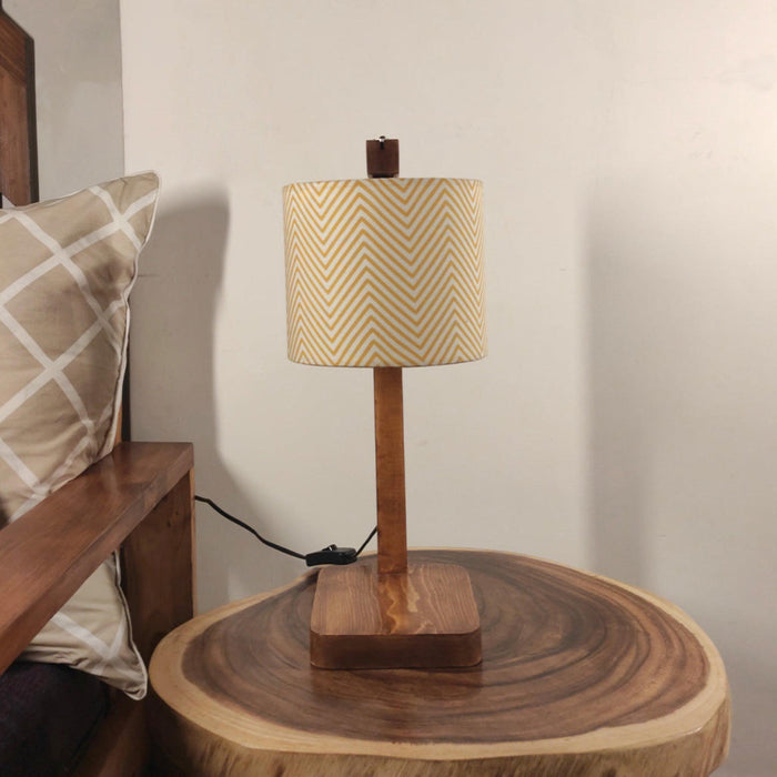 Elementary Wooden Table Lamp with Brown Base and Premium Yellow Fabric Lampshade - WoodenTwist