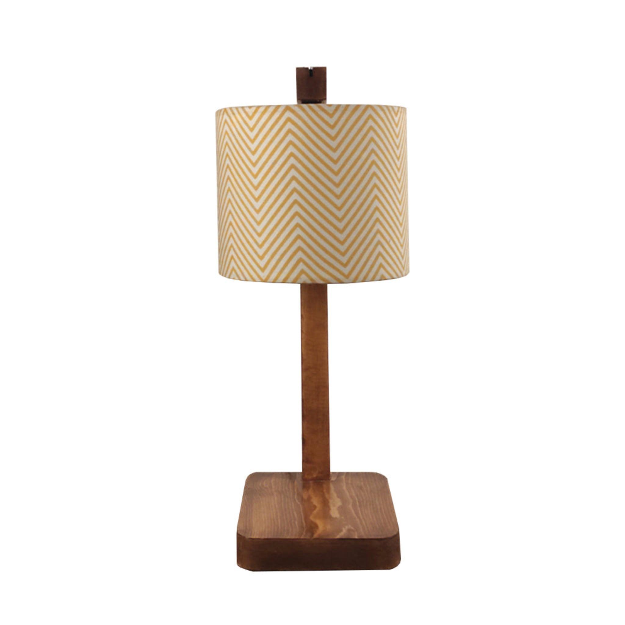 Elementary Wooden Table Lamp with Brown Base and Premium Yellow Fabric Lampshade - WoodenTwist