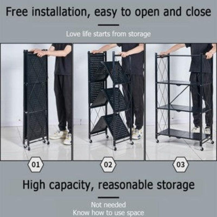 Metal Adjustable and Foldable Storage Rack Unit with Wheel 4 Layer Foldable (Black) - WoodenTwist