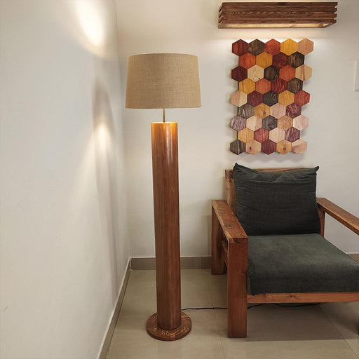 Skyline Wooden Floor Lamp with Brown Base and Yellow Printed Fabric Lampshade - WoodenTwist