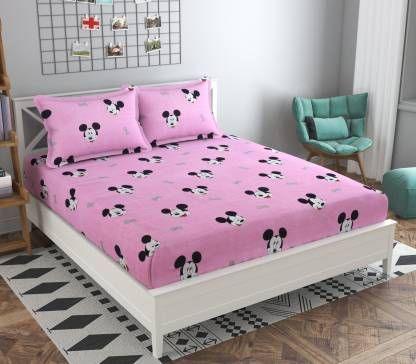 Glace Cotton Double Bedsheet with 2 Pillow Covers (Pink Miccky) - WoodenTwist