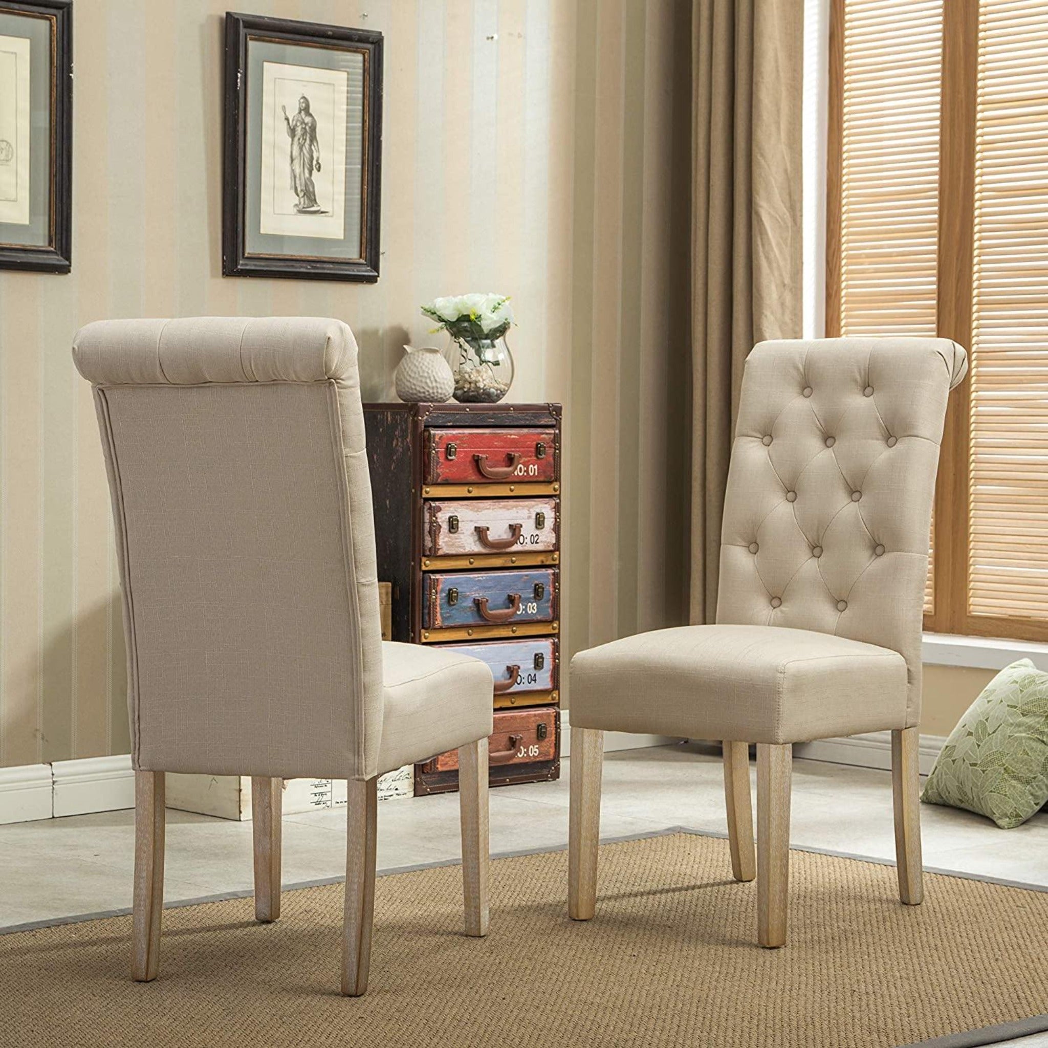 Button Tufted Parsons Chairs in Teak Wood (Set of 2) - WoodenTwist