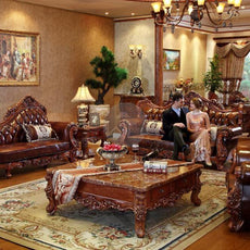 Carved Royal Antique Brown Sofa Set with Chaise Lounge - WoodenTwist