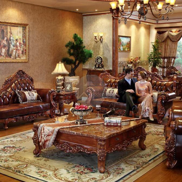 Carved Royal Antique Brown Sofa Set with Chaise Lounge - WoodenTwist