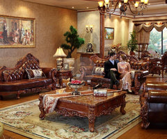 Carved Royal Antique Brown Sofa Set with Chaise Lounge - WoodenTwist