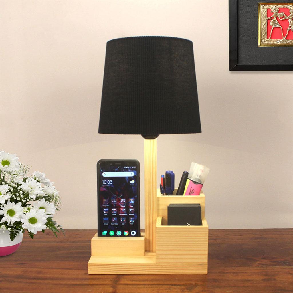 Classic Wooden Table Lamp With Black Fabric Lampshade and Mobile Stand - WoodenTwist