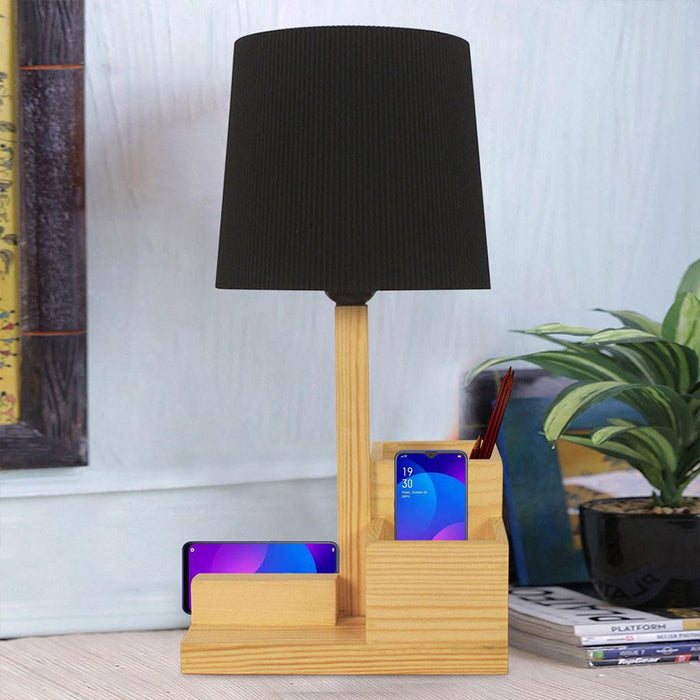 Classic Wooden Table Lamp With Black Fabric Lampshade and Mobile Stand - WoodenTwist