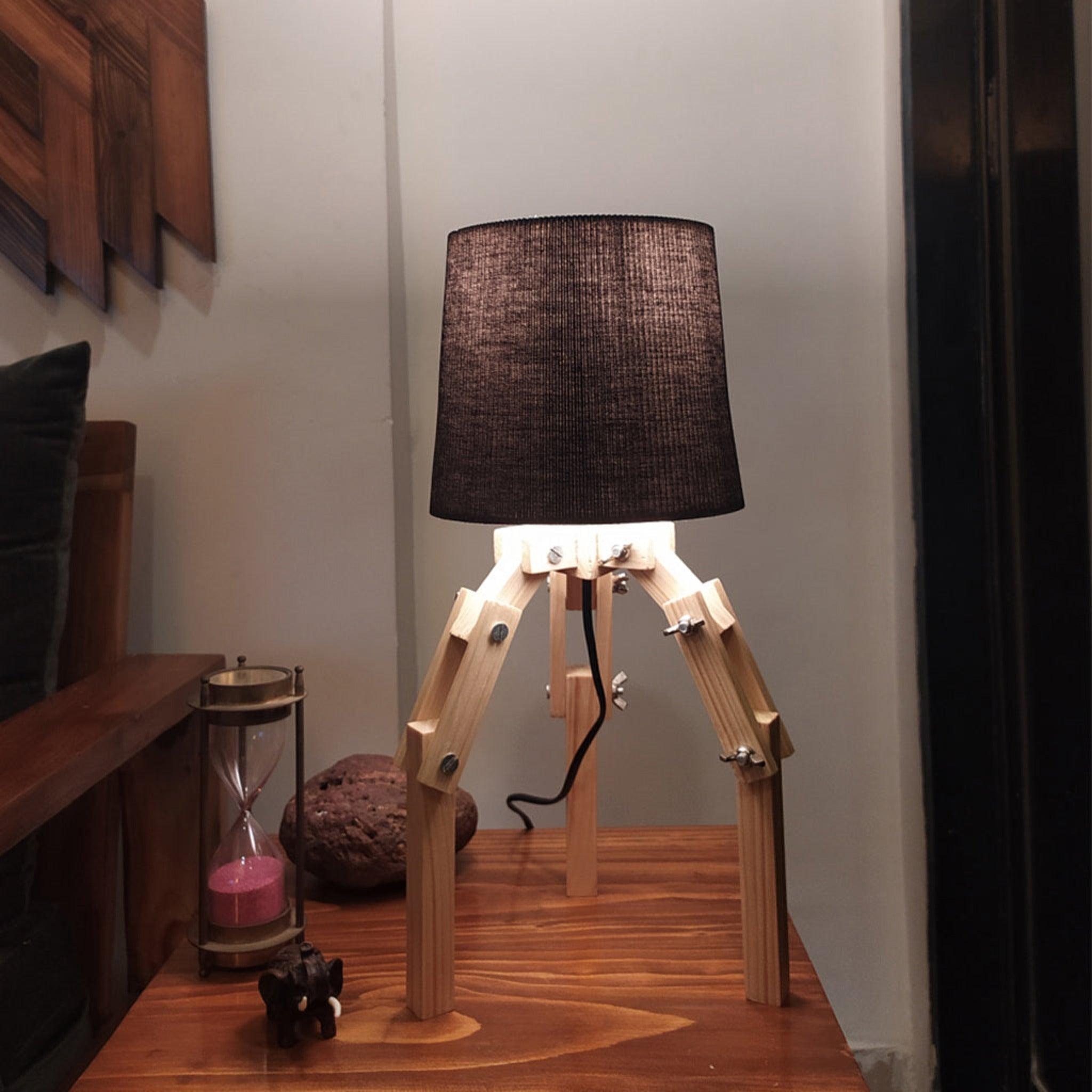 Crawler Beige Wooden Table Lamp with Black Fabric Lampshade - WoodenTwist