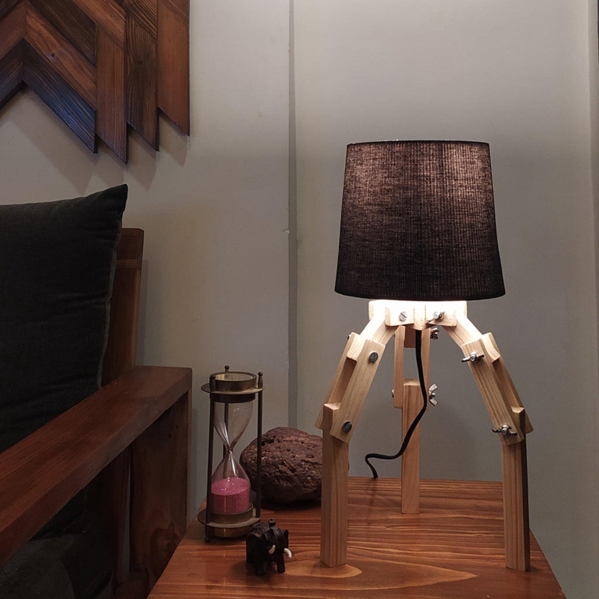 Crawler Beige Wooden Table Lamp with Black Fabric Lampshade - WoodenTwist