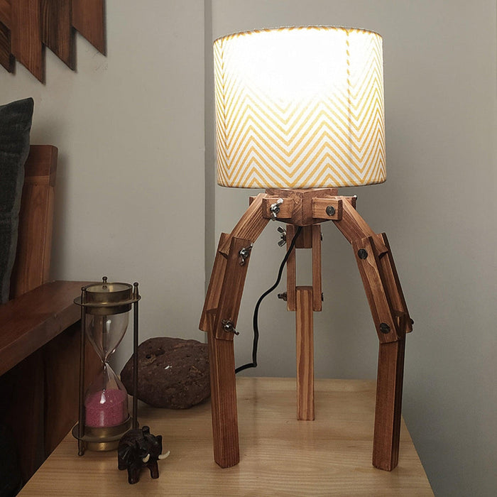 Crawler Brown Wooden Table Lamp with Yellow Printed Fabric Lampshade - WoodenTwist