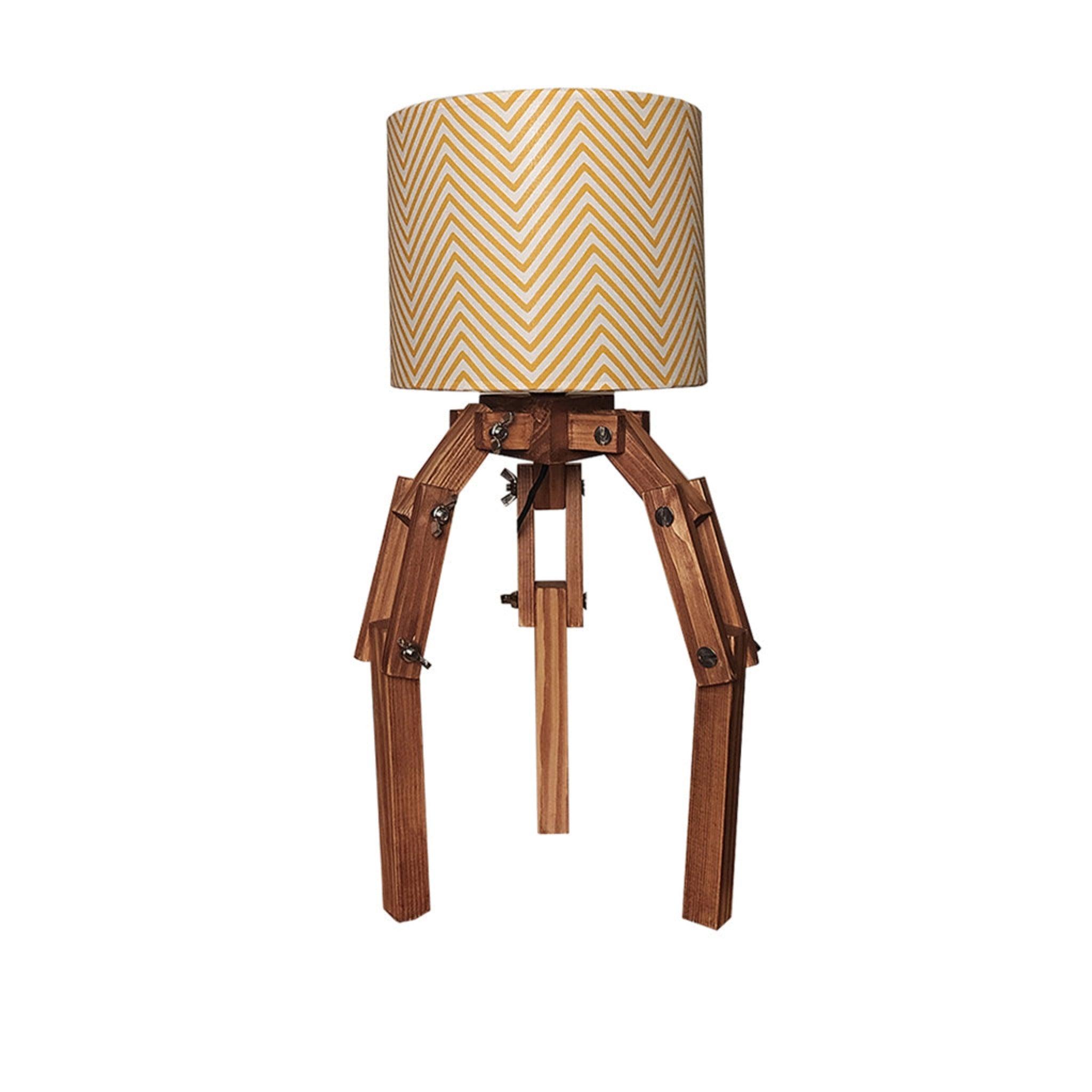 Crawler Brown Wooden Table Lamp with Yellow Printed Fabric Lampshade - WoodenTwist