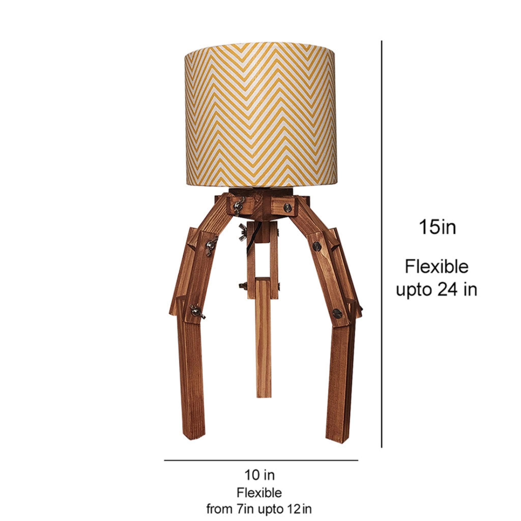 Crawler Brown Wooden Table Lamp with Yellow Printed Fabric Lampshade - WoodenTwist