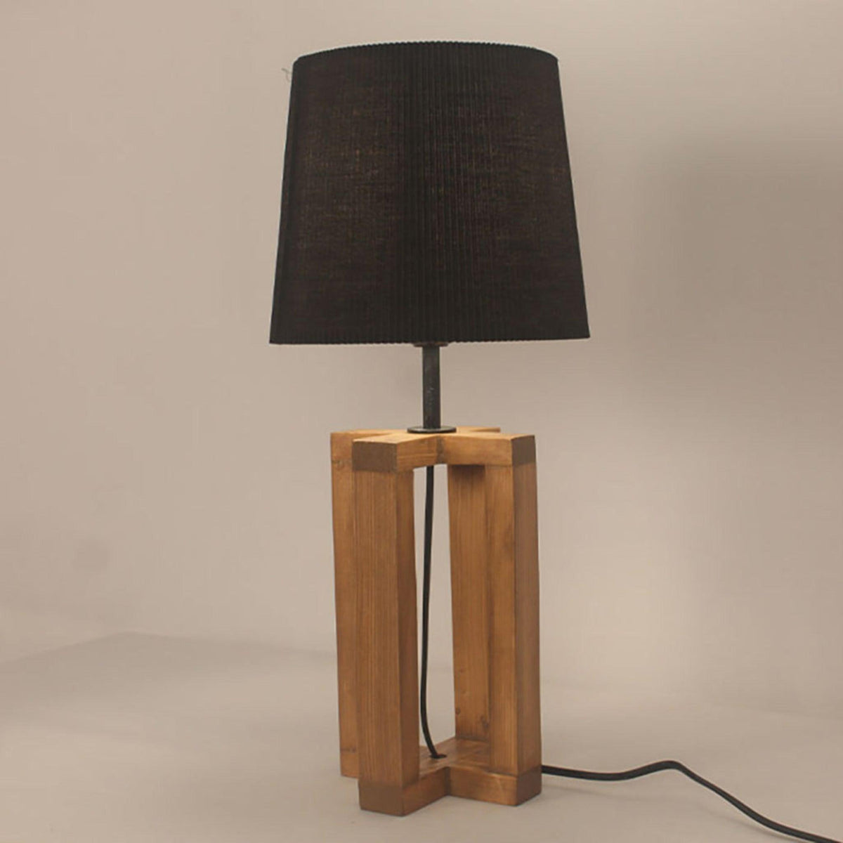 Criss Cross Brown Wooden Table Lamp with Yellow Printed Fabric Lampshade - WoodenTwist