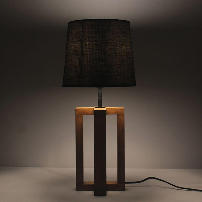 Criss Cross Brown Wooden Table Lamp with Yellow Printed Fabric Lampshade - WoodenTwist