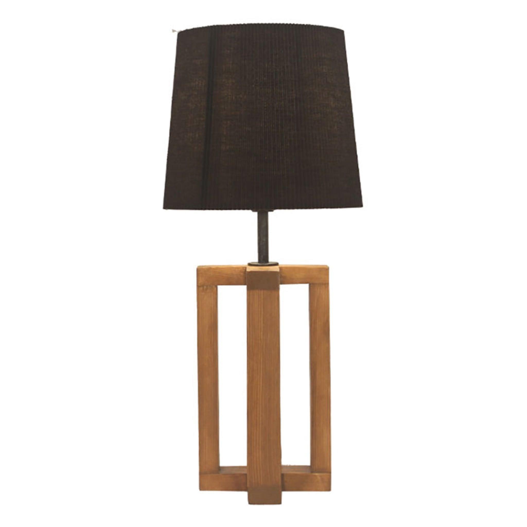 Criss Cross Brown Wooden Table Lamp with Yellow Printed Fabric Lampshade - WoodenTwist