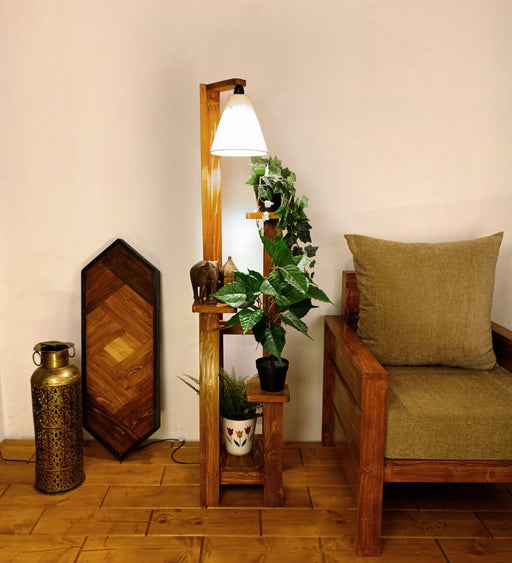 Dorian Wooden Floor Lamp with Brown Base and Jute Fabric Lampshade - WoodenTwist