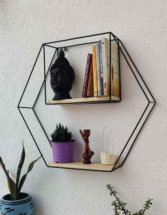 Hexagonal Decorative Metal Wall Shelf - WoodenTwist