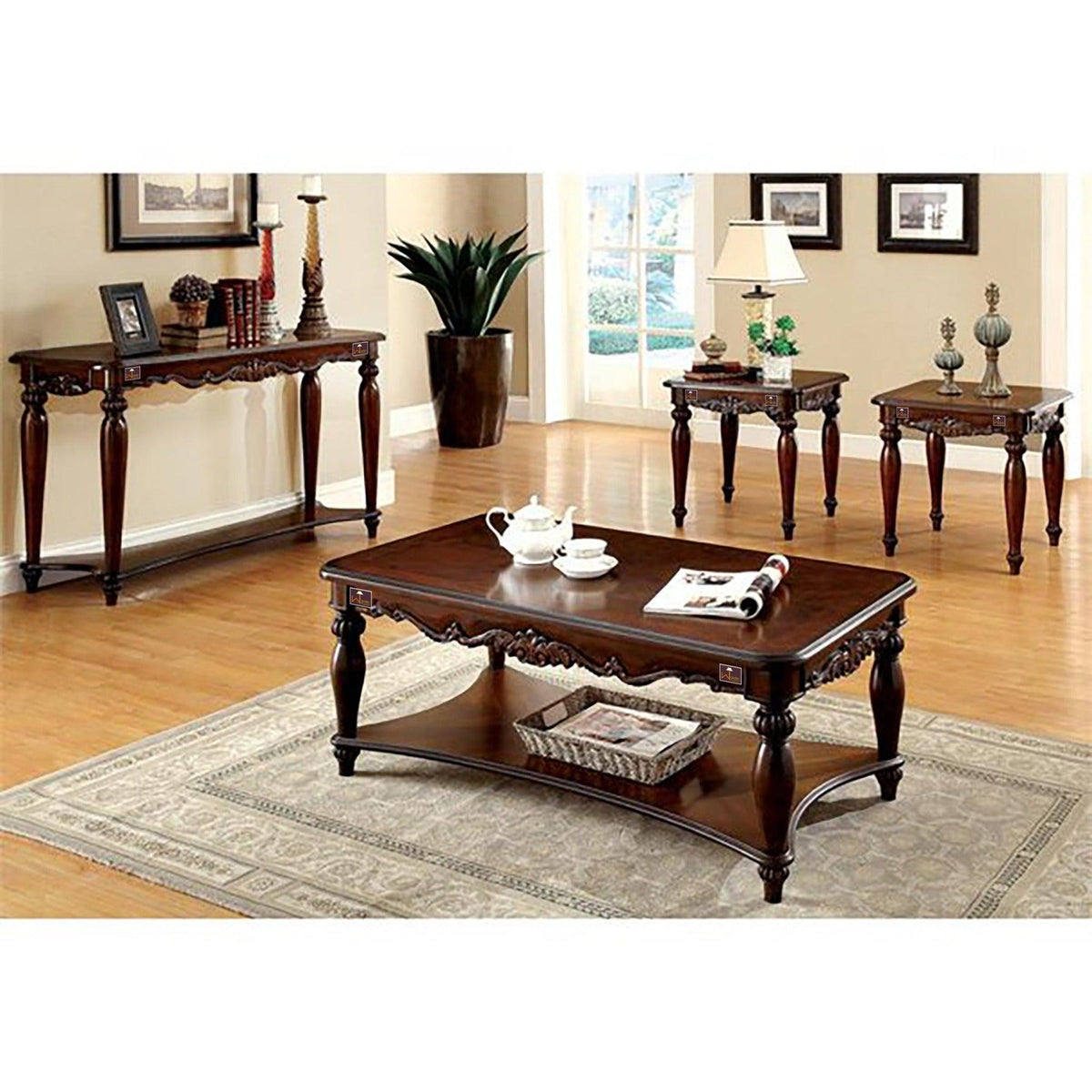 Hand Carved Sheesham Wood Coffee Table Set