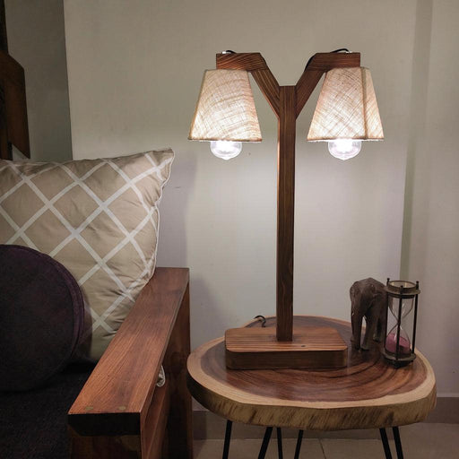 Elania Wooden Table Lamp with Brown Base and Premium White Fabric Lampshade - WoodenTwist