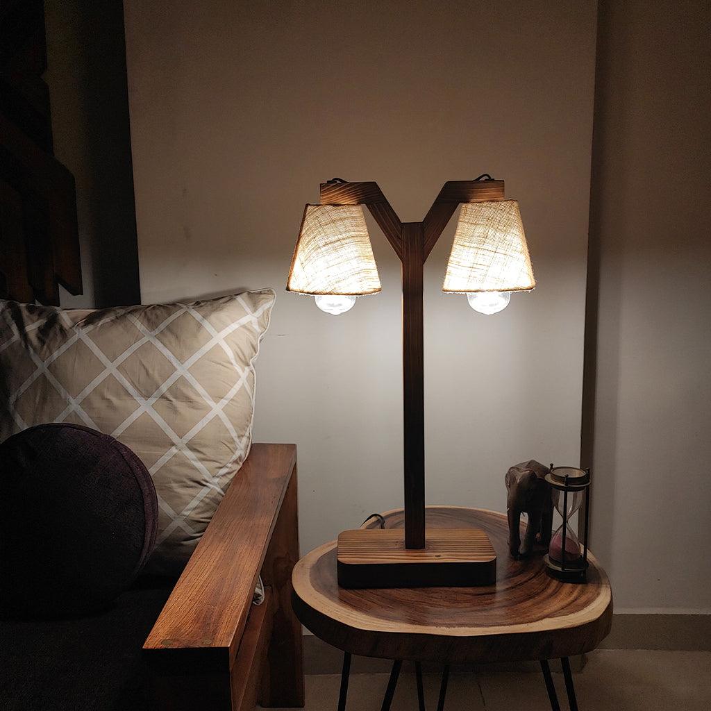 Elania Wooden Table Lamp with Brown Base and Premium White Fabric Lampshade - WoodenTwist