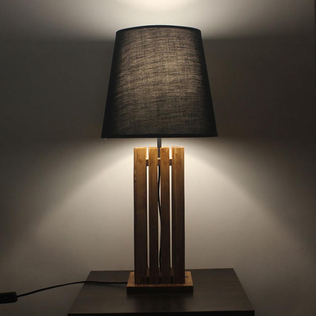 Elegant Brown Wooden Table Lamp with Black Fabric Lampshade - WoodenTwist