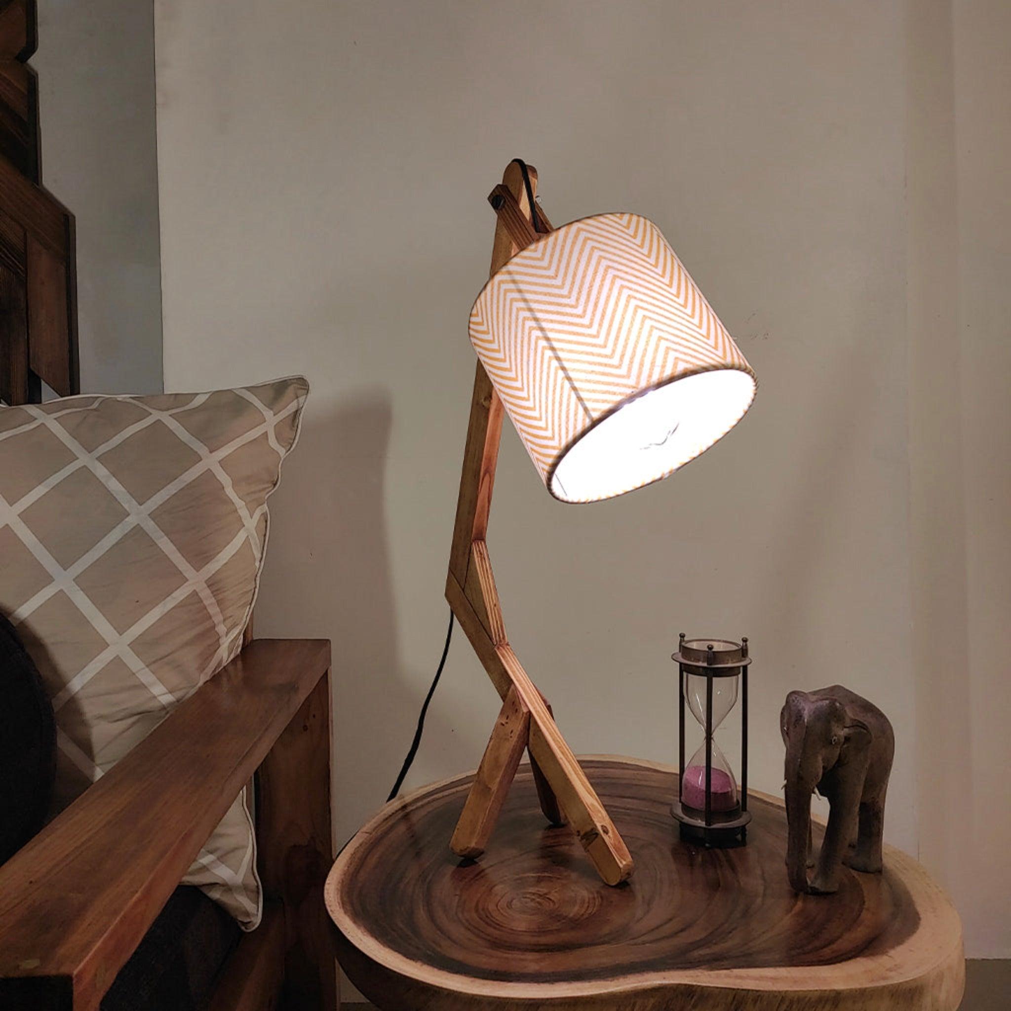 Emphasis Wooden Table Lamp with Brown Base and Yellow Fabric Lampshade - WoodenTwist