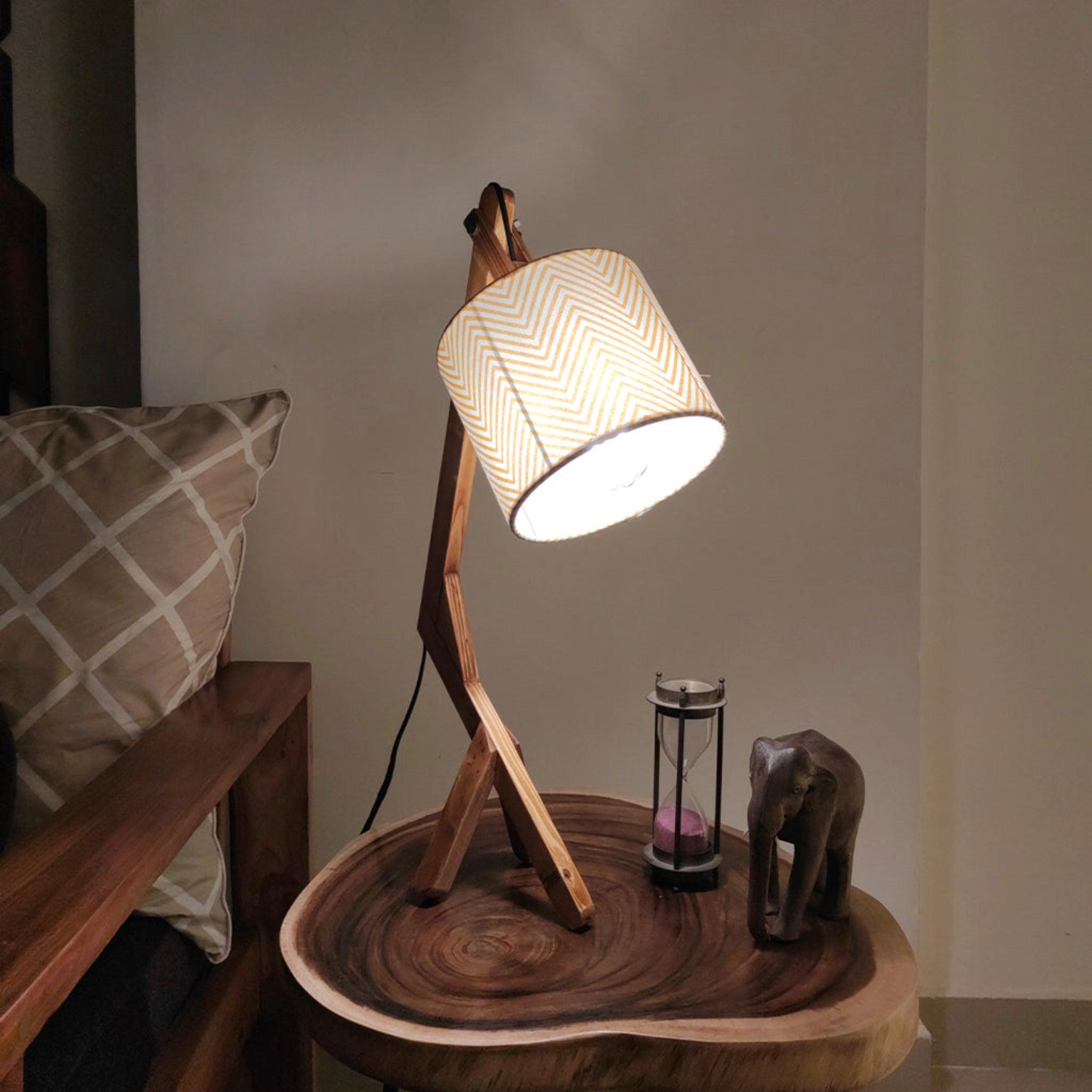 Emphasis Wooden Table Lamp with Brown Base and Yellow Fabric Lampshade - WoodenTwist