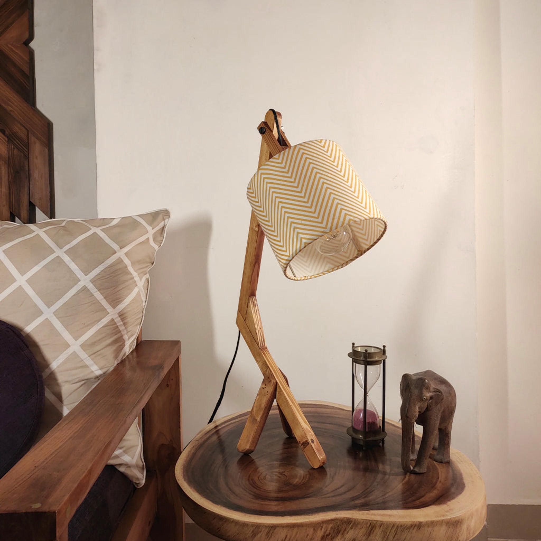 Emphasis Wooden Table Lamp with Brown Base and Yellow Fabric Lampshade - WoodenTwist