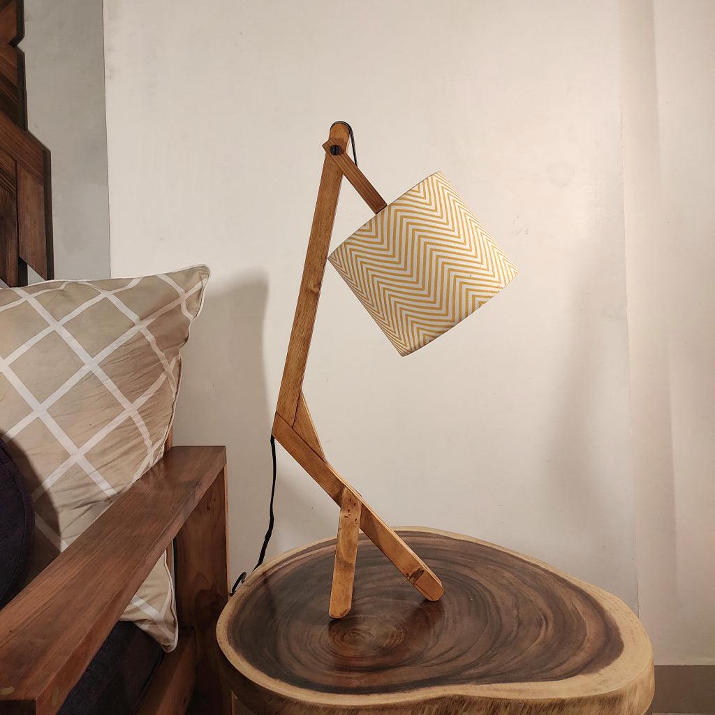 Emphasis Wooden Table Lamp with Brown Base and Yellow Fabric Lampshade - WoodenTwist