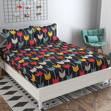 Glace Cotton Double Bedsheet with 2 Pillow Covers (Multi Grey Patti) - WoodenTwist