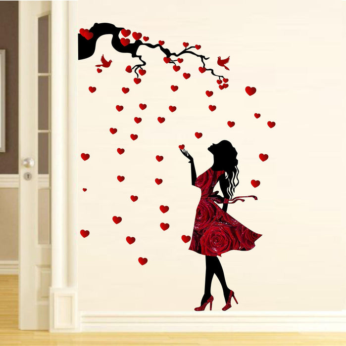 Girl Wearing Red Dress Enjoying Heart Leaves' Wall Sticker - WoodenTwist