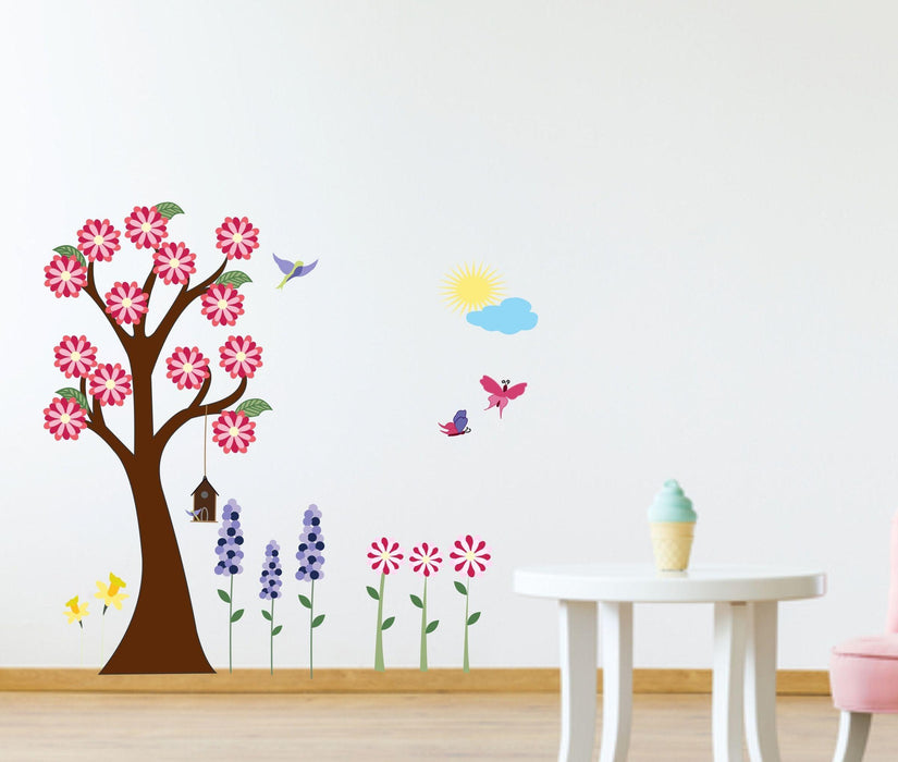 Nature Tree with Pink Flowers, Birdcage and flying Bird Wall Sticker for Living Room - WoodenTwist