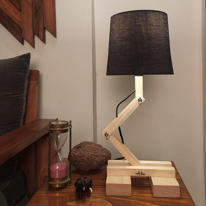 Flex Beige Wooden Table Lamp with Black Fabric Lampshade - WoodenTwist