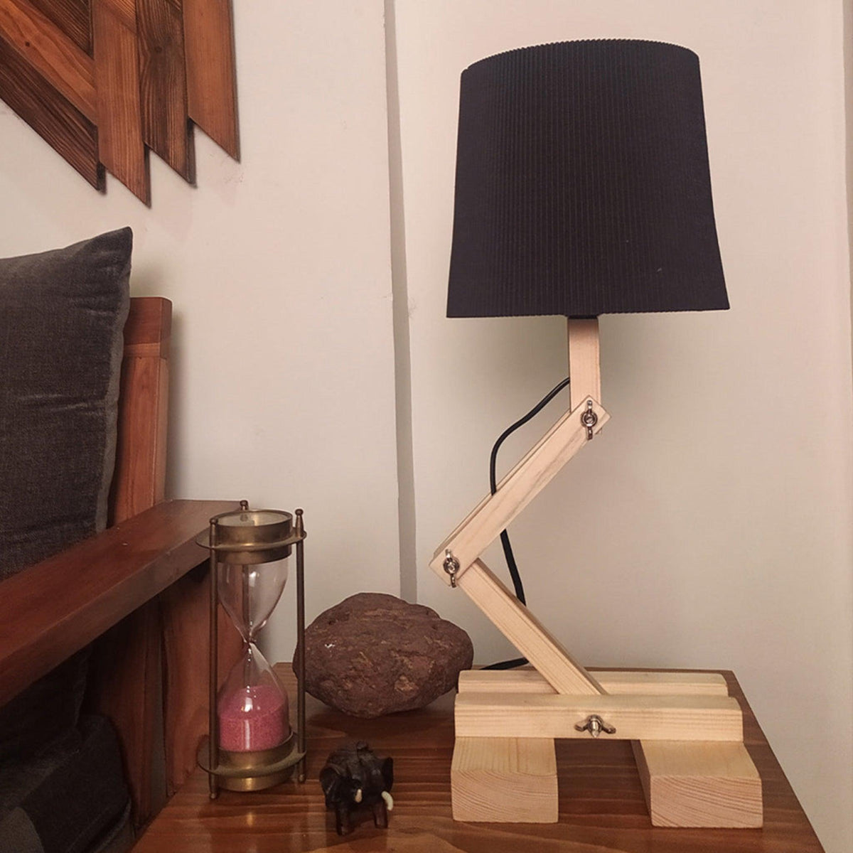 Flex Beige Wooden Table Lamp with Black Fabric Lampshade - WoodenTwist