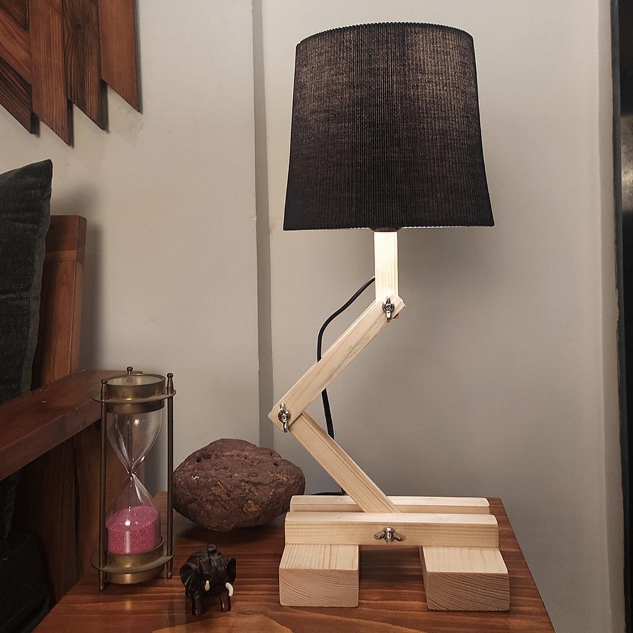 Flex Beige Wooden Table Lamp with Black Fabric Lampshade - WoodenTwist