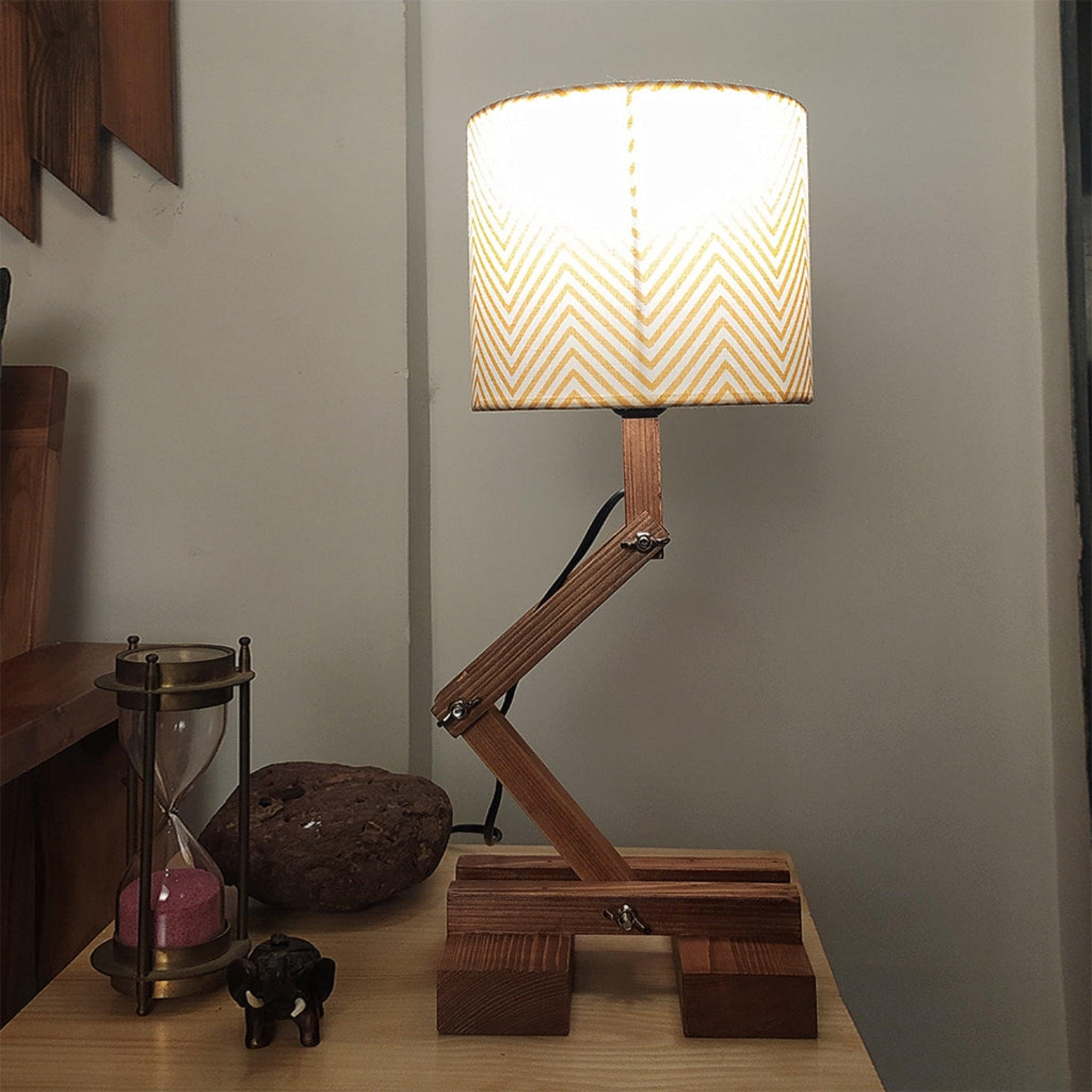 Flex Brown Wooden Table Lamp with Yellow Printed Fabric Lampshade - WoodenTwist